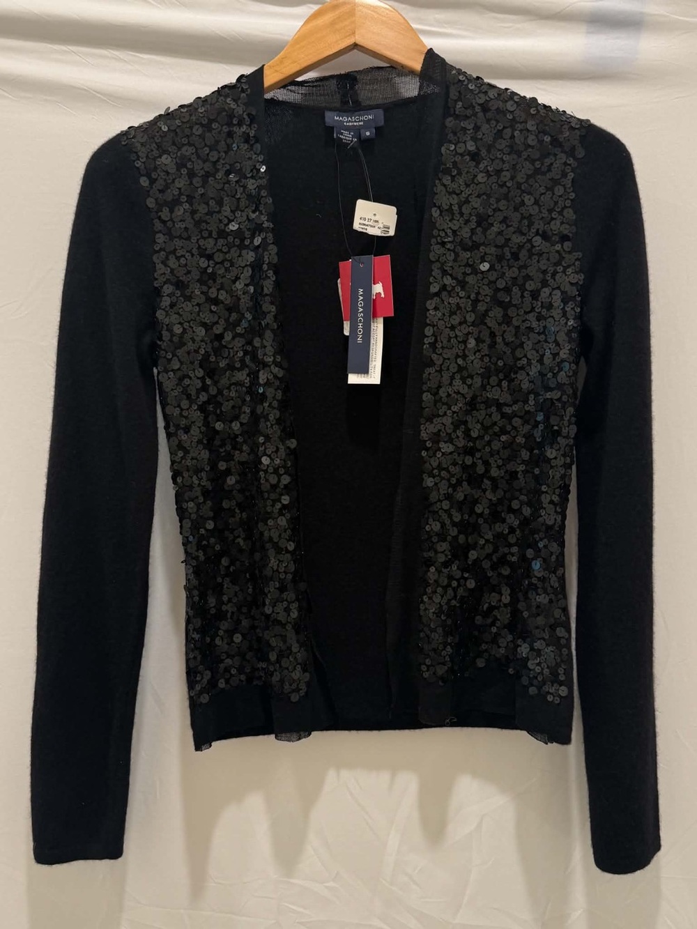 Magaschoni 100% Cashmere Black Sequin Open-Front Women Cardigan Size S